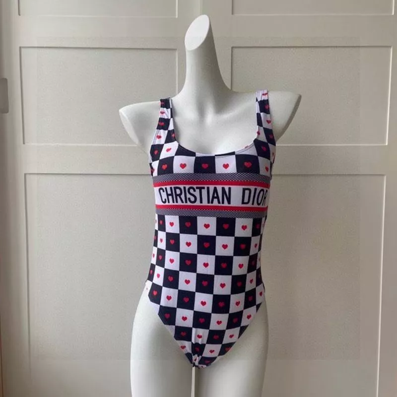 TOP Christian Dior Swimsuit Women Dioramour D-Chess Heart Motif Lycra Black White 0114