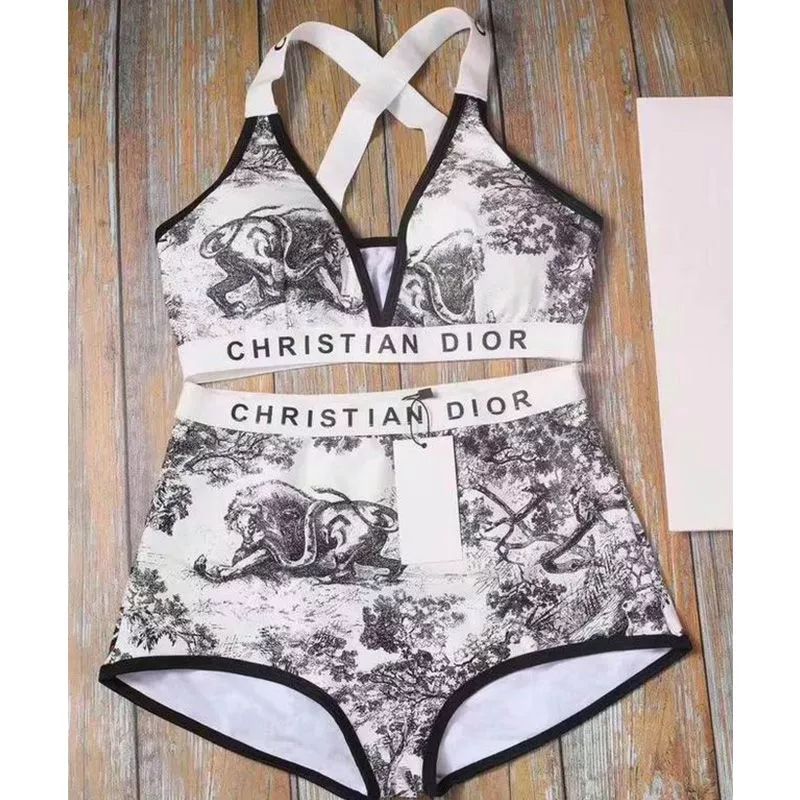 TOP Christian Dior High Waisted Crisscross Bikini Women Toile De Jouy Motif Lycra White 0114