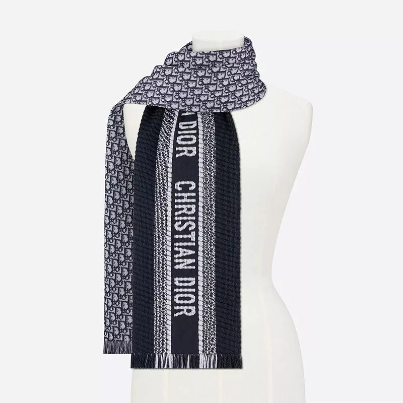 TOP Dior Reversible Scarf University Oblique Motif Silk and Wool Navy Blue 0112