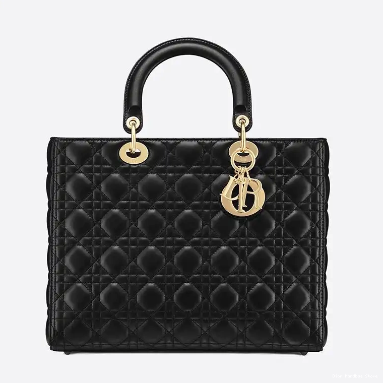 Cheap TOP Gold Lambskin Large Dior Black Lady Cannage Bag 0224