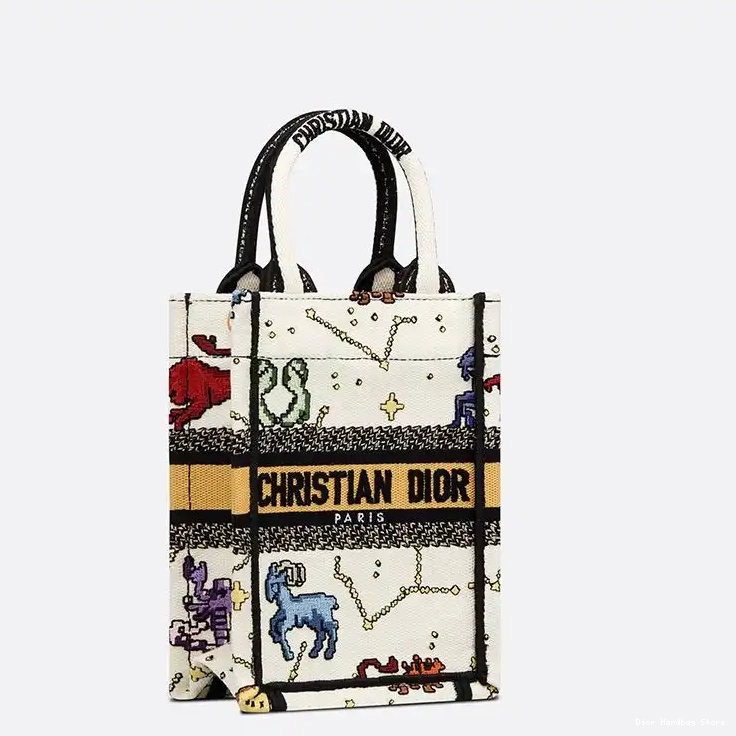 Cheap TOP Zodiac Canvas Book Miniature Pixel Tote Dior Motif White 0214