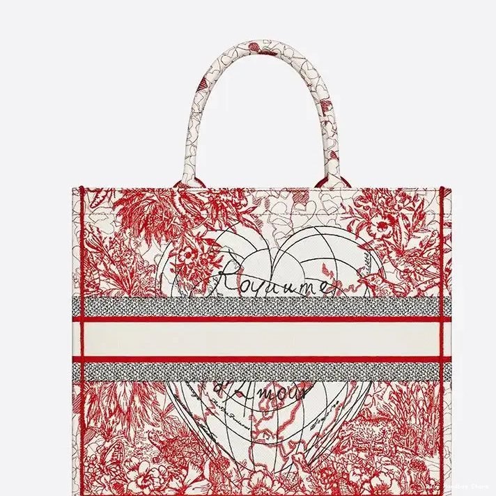 Cheap TOP Book Motif Dior Dioramour White Canvas d'Amour Tote Red D-Royaume 0225