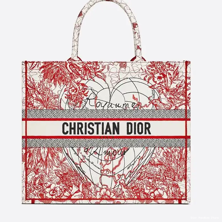 Cheap TOP Book Motif Dior Dioramour White Canvas d'Amour Tote Red D-Royaume 0225