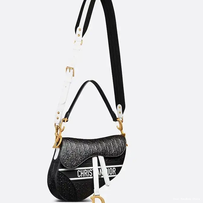 Cheap TOP Christian Black Bag Oblique Embossed White Saddle Calfskin Dior 0226