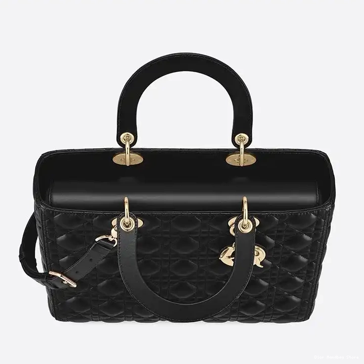 Cheap TOP Gold Lambskin Large Dior Black Lady Cannage Bag 0224